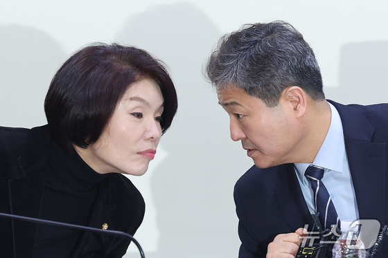 Han Jeong-ae, Chairwoman of the Policy Committee of the Democratic Party of Korea, and Kim Young-bae, Secretary of the Foreign Affairs and Unification Committee, are conversing at a party-government meeting regarding the Iran situation held at the National Assembly Members\' Office Building in Yeouido, Seoul, on Tuesday 2026.3.3 / News1
