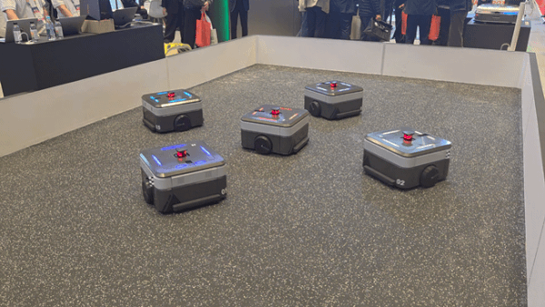 Hyundai Mobis\' autonomous mobile robot (AMR) being demonstrated at the 2026 Smart Factory & Automation Industry Exhibition (AW 2026) held at COEX in Seoul on Wednesday