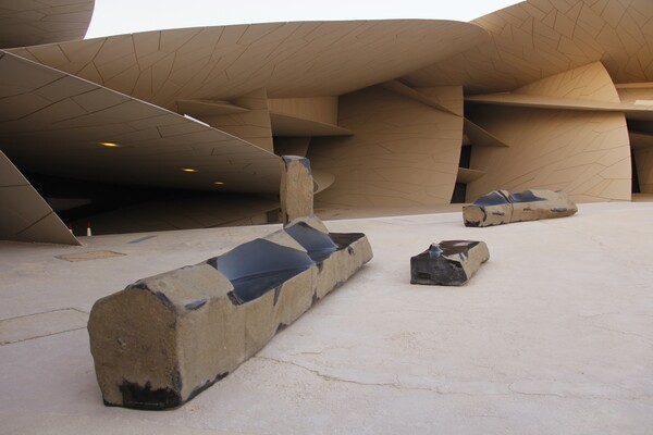 Cho Byung Hoon, Afterimage of Beginning (Stone Bench series), 2010s, stone and stainless steel, installation at the National Museum of Qatar, Doha
