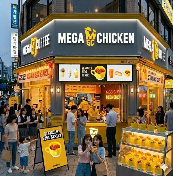 이미지 = 메가MGC커피가 봄 시즌 메뉴로 선 출시한 ‘엠지씨네 양념 컵치킨’/메가MGC커피 제공, 제미나이로 구성한 AI 매장