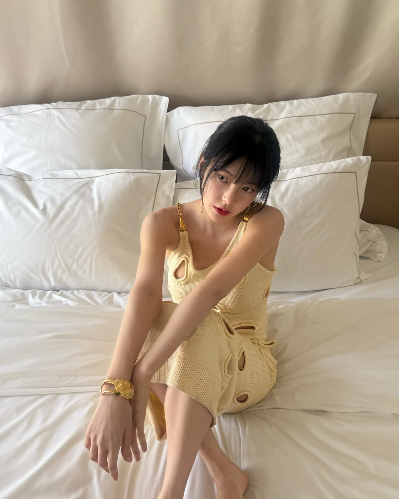 Cut-out knit dress | Yellow knit with unique cut-out details for a distinctive mood