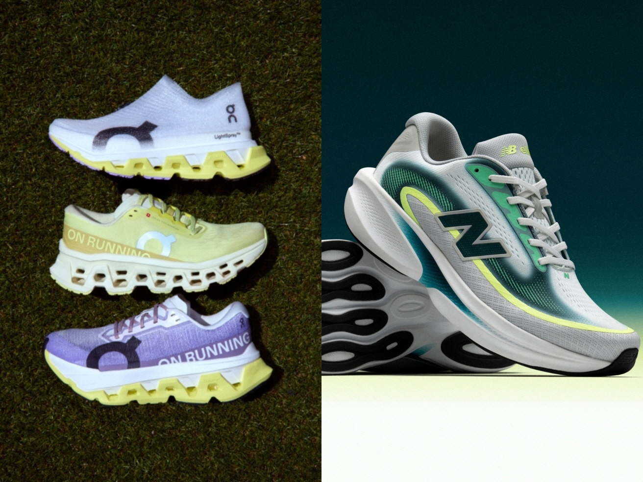 온의 대표 모델인 ‘클라우드 시리즈’의 3세대 신규 라인업(왼쪽)과 뉴발란스의 데일리 러닝화 ‘엘립스 v1.