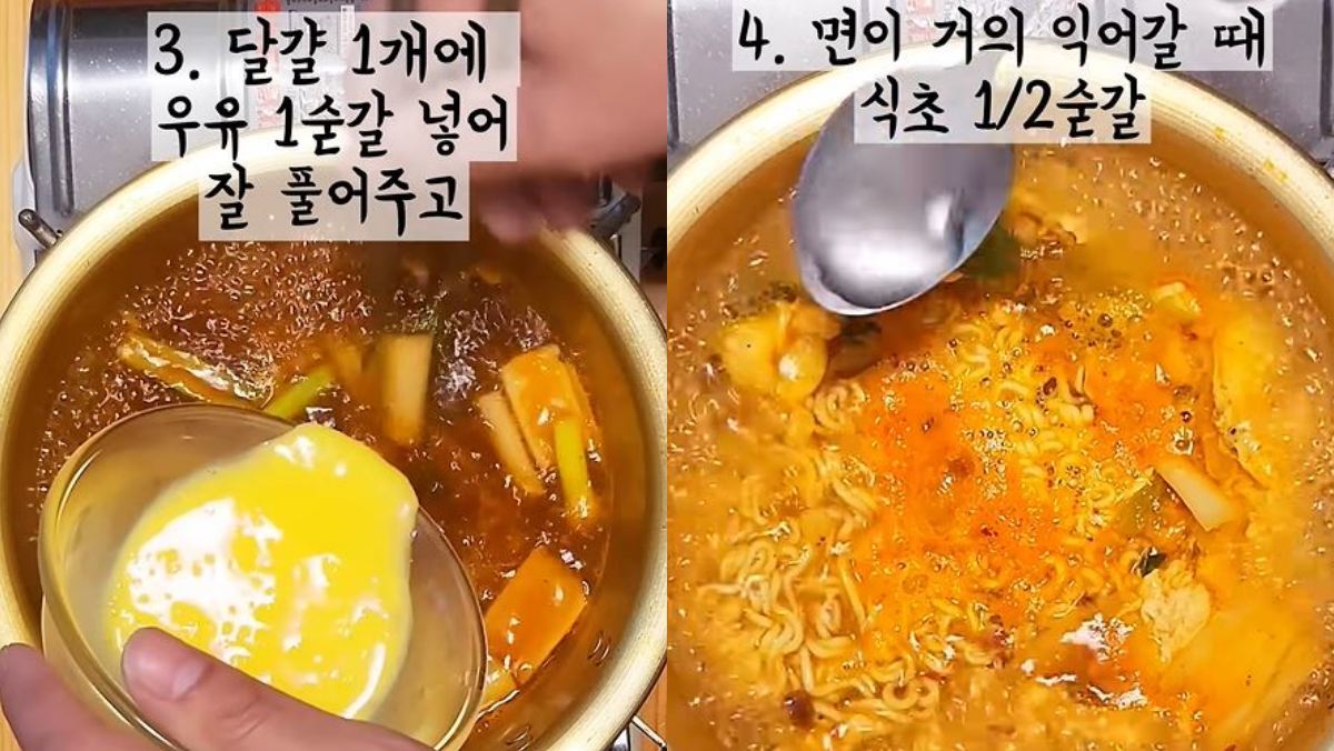 Left: Beating an egg with a spoonful of milk before adding it to the ramen broth; Right: adding half a spoonful of vinegar at the end. / YouTube \'Chungcheong Oppa\'