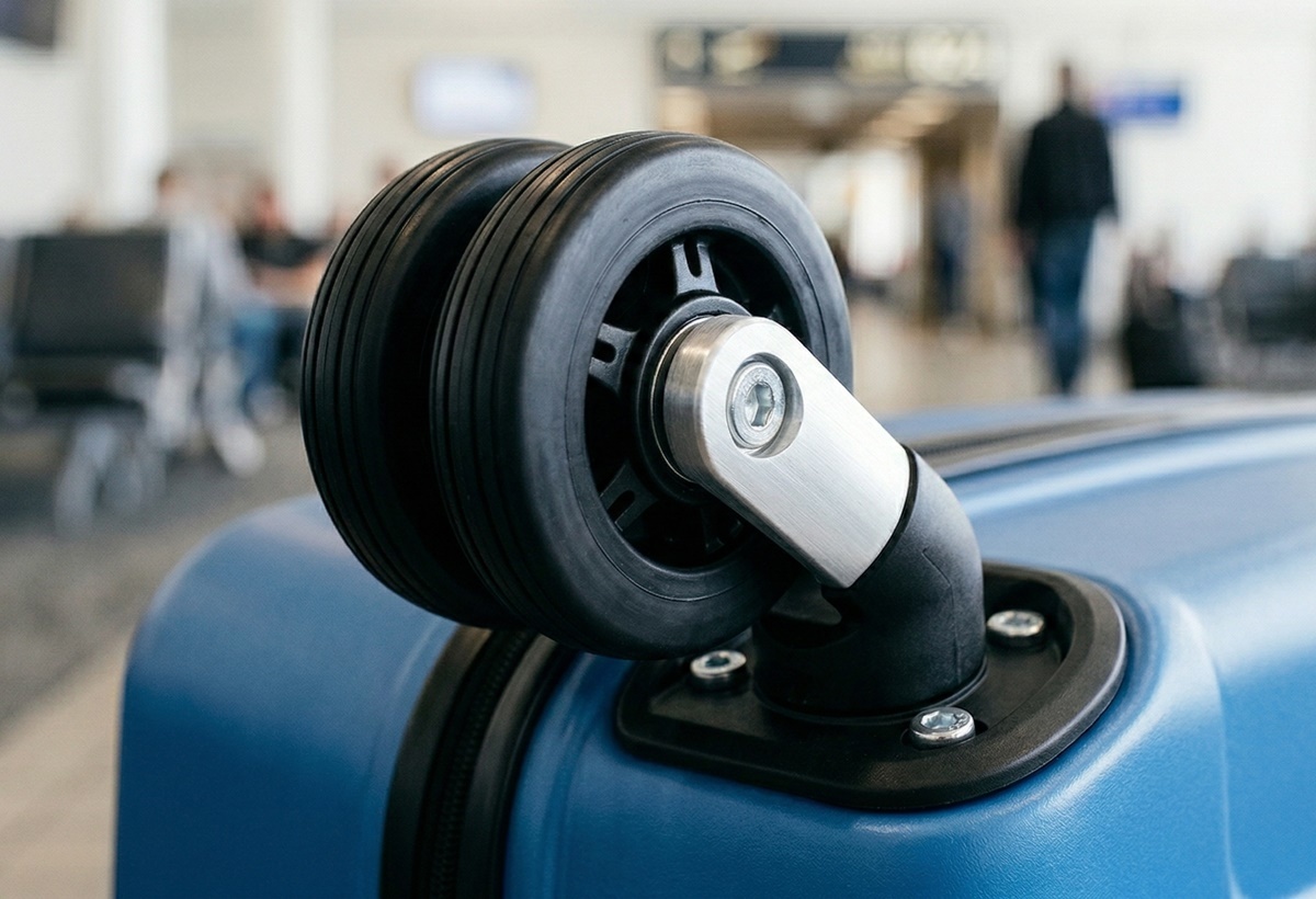 A suitcase wheel. Suitcases pick up dirt easily because they travel through many environments — airport floors, city sidewalks, subway platforms and hotel lobbies — where dust, soil, moisture and debris attach to the wheels. This illustrative image was generated with AI to help explain the article and may differ from real life.