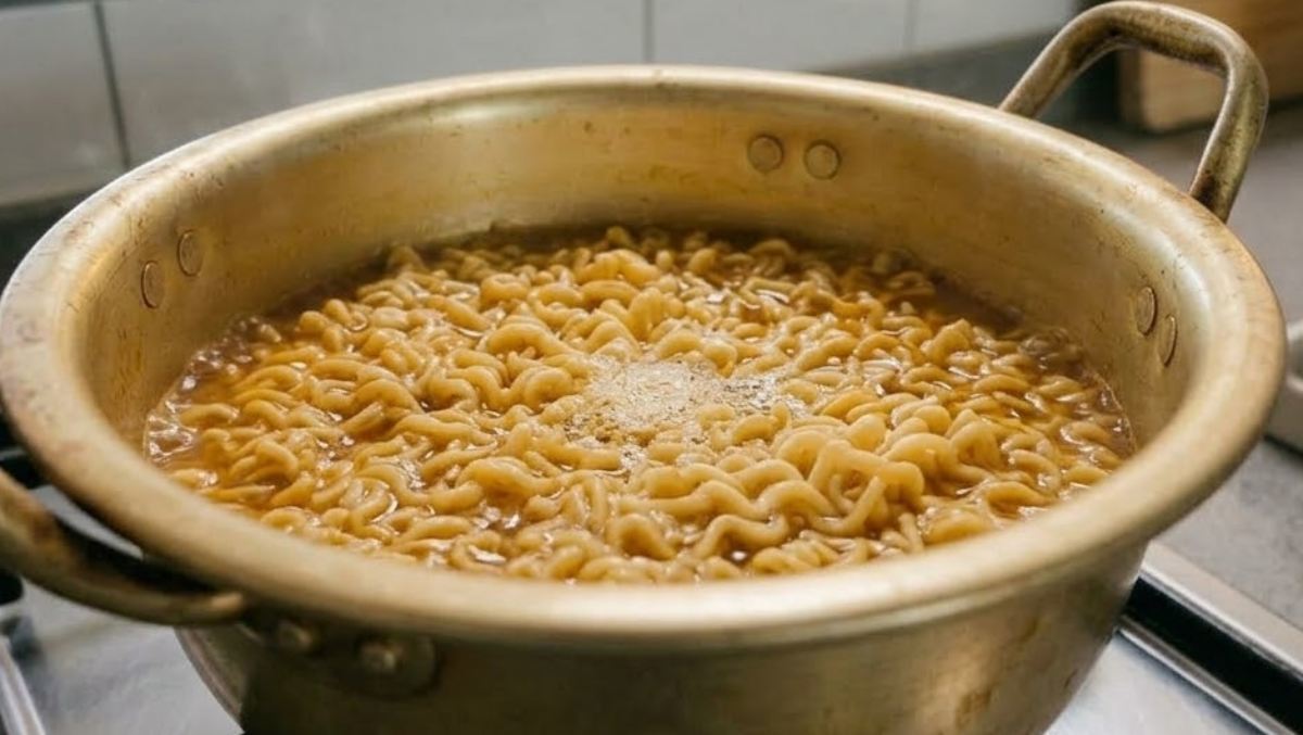 Ramen simmering. AI-generated stock photo.