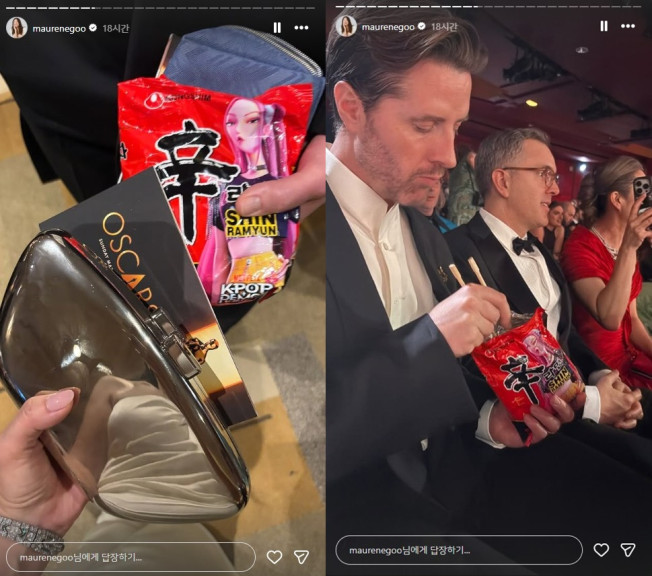 Maurene Goo InstagramNongshim teamed up with the Netflix animation K-Pop Demon Hunters (Kedeheon) on a Shin Ramyun product (left), and Kedeheon director Chris Appelhans was spotted eating Nongshim Shin Ramyun straight from the packet at the Academy Awards on March 16 (local time).