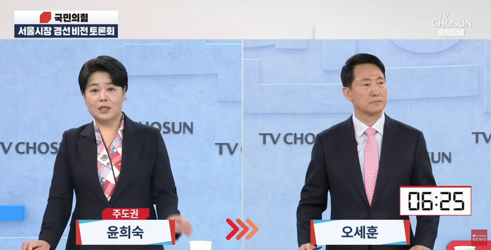 윤희숙 서울시장 예비후보(왼쪽)와 오세훈 예비후보. ⓒ TV조선 유튜브 캡쳐