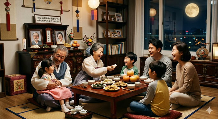 명절에 조상을 기린 후 가족 간 오붓하게 음식을 나누는 풍경ⓒ