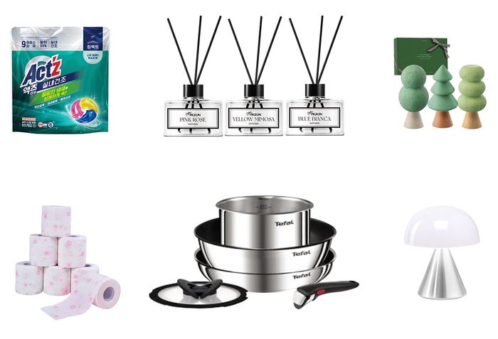(좌측 상단부터 시계방향) 피죤 ‘액츠 캡슐 실내건조 컴팩트’, 피죤 ‘디퓨저’, 동구밭 ‘포레스트 빌리지 우디 퍼퓸바 세트’, 렉슨 ‘미나MINI LED LH60’, 테팔 ‘매직핸즈 스테인리스 스틸 뉴이모션5종 세트’, 미스삐삐 ‘무형광 패션 프린트 벚꽃 두루마리 화장지’. ⓒ각 사