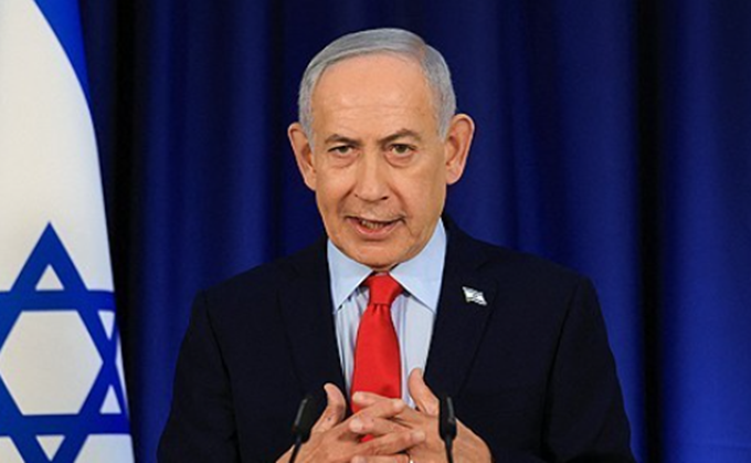 베냐민 네타냐후 이스라엘 총리가 19일(현지시간) 텔아비브에서 기자회견을 하고 있다. ⓒ로이터/연합뉴스