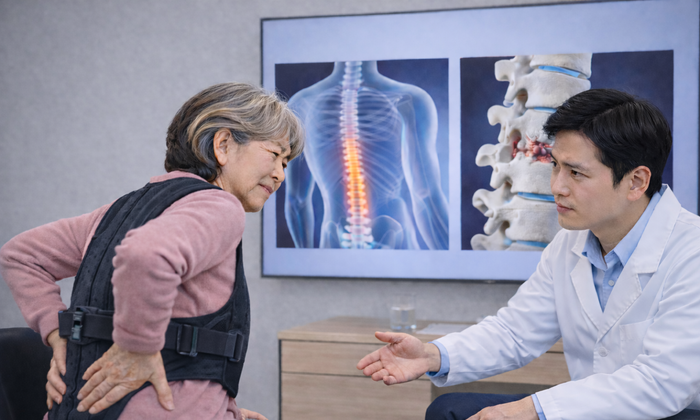 척추 압박골절 환자가 허리 보조기를 차고 의료진에게 관련 증상에 대한 설명을 듣고 있다. 사진은 AI 제작. ⓒ자생한방병원