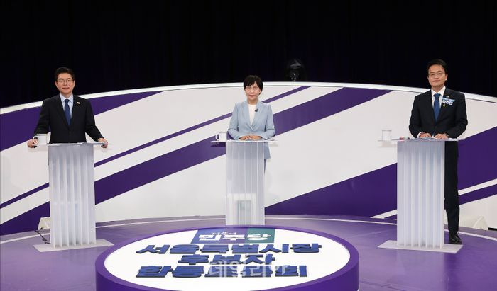 더불어민주당 정원오(왼쪽부터), 전현희, 박주민 서울시장 예비후보가 31일 서울 마포구 상암동 MBC 신사옥에서 열린 더불어민주당 서울시장 후보자 본경선 합동토론회에 참석했다. ⓒ국회사진기자단