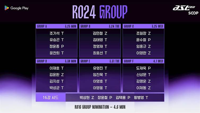 ASL 24강 일정 및 조편성표ⓒSOOP