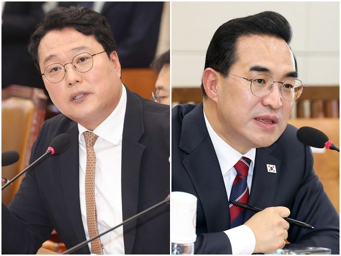 천하람 개혁신당 원내대표가 23일 오전 서울 여의도 국회에서 열린 재정경제기획위원회의 박홍근 기획예산처 장관 후보자 인사청문회에서 질의를 하고 있다. 오른쪽은 박홍근 기획예산처 장관 후보자. ⓒ 뉴시스, 데일리안 홍금표 기자