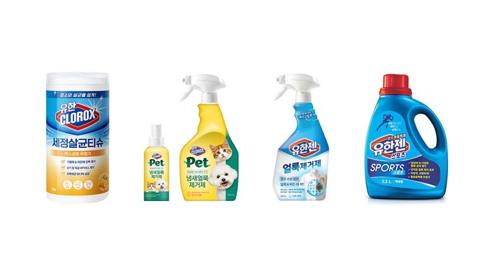 (왼쪽부터 오른쪽) 유한클로락스 세정살균티슈, 유한클로락스 펫 냄새얼룩 제거제, 유한젠 얼룩제거제, 유한젠 스포츠ⓒ각 사 제공