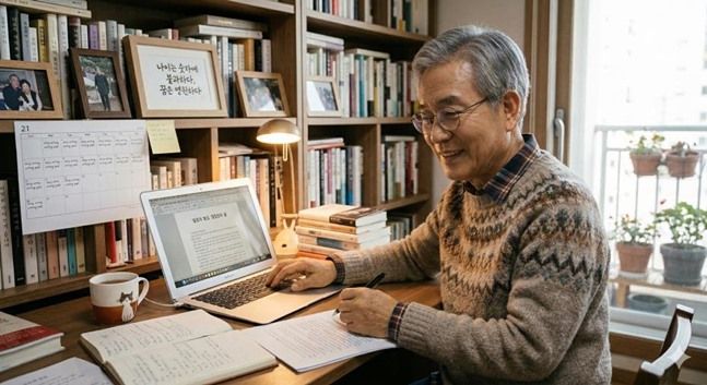 일흔의 나이에도 젊은이 못지않은 열정으로 글을 쓰는 모습 ⓒ