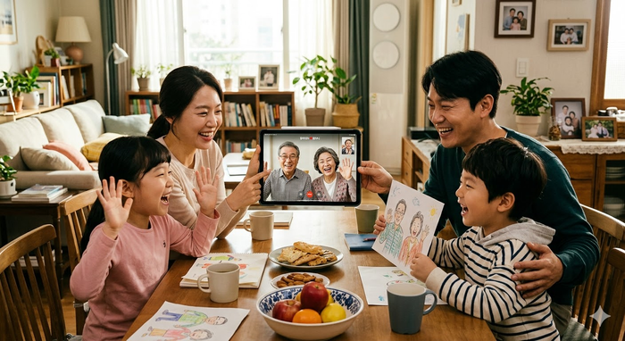 명절에 화상으로 부모님과 통화하는 가족ⓒ