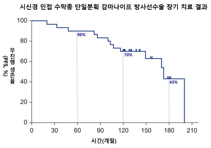 감마나이프 방사선수술을 받은 환자를 장기 추적한 결과, 5년 무진행 생존율은 90%, 10년 70%, 15년 43%로 나타났다. ⓒ서울대병원