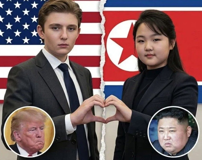 도널드 트럼프 미국 대통령의 막내아들 배런 트럼프와 김정은 북한 국무위원장의 딸 김주애가 결혼하는 상황을 가정한 합성 이미지. 사진=X(옛 트위터)