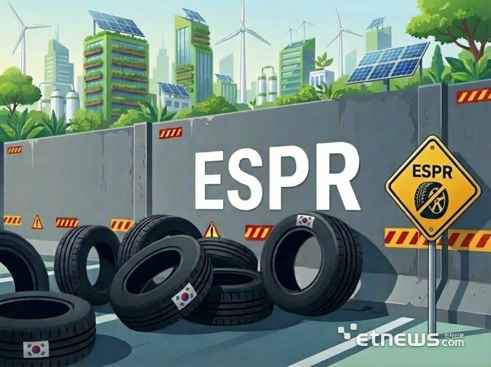 EU의 '에코디자인 규정(ESPR)'으로 인해 무역장벽에 가로막힌 K-타이어 산업을 형상화 한 이미지(AI로 생성)