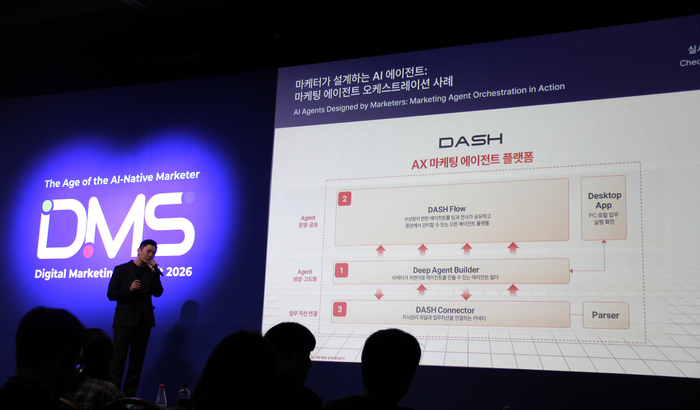 이성재 HSAD 최고전략책임자(CSO)가  '디지털 마케팅 서밋(DMS) 2026'에서 대시 생태계를 설명하고 있다.