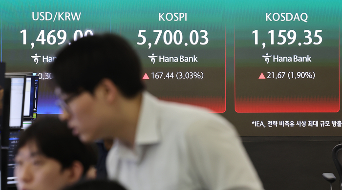 코스피가 11일 장 초반 강세를 보였다. 11일 오전 서울 중구 하나은행 본점에 코스피와 코스닥, 원/달러 환율이 표시되고 있다. (사진=연합뉴스)