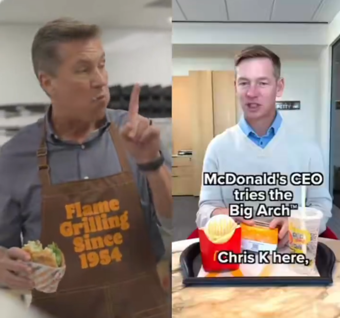 버거킹이 맥도날드를 저격한 CEO 먹방 영상을 올렸다. 톰 커티스(왼쪽) 버거킹 CEO와 크리스 켐프친스키 맥도날드 CEO. 사진=엑스 캡처