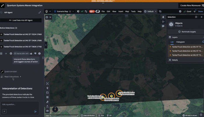 팔란티어가 개발한 AI 기반 데이터 통합 및 의사결정 지원 시스템인 '메이븐 스마트 시스템' 구동 화면 (팔란티어 제공)