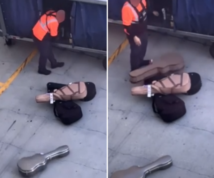 최근 미국 로스앤젤레스 국제공항에서 공항 직원이 위탁 수하물로 맡겨진 기타를 내던지는 모습이 온라인에서 논란이 되고 있다. 사진=잼 프레스 캡처
