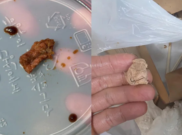 &nbsp;  A photo of the complaint the restaurant received claiming a foreign object came from the jjajangmyeon (left), and a finger band similar to the object later found in the trash bag the owner retrieved from the customer. [Photo=Online community]
