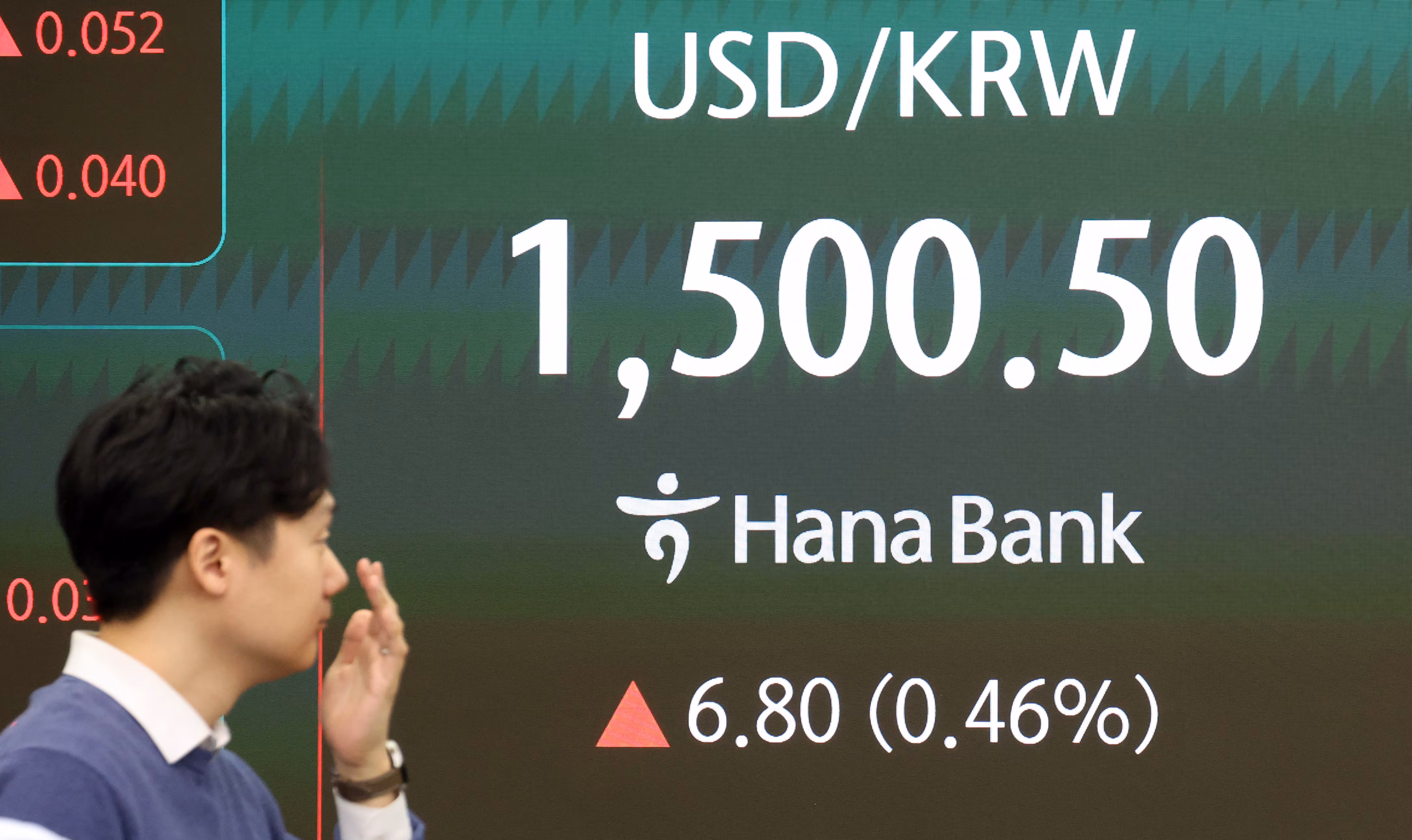 16일 오전 서울 중구 하나은행 딜링룸 전광판에 원달러 환율이 전 거래일 대비 6.80원(0.46%)오른 1,500.50으로 개장하고 있다. /뉴스1