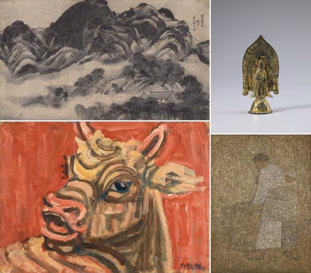 미국 시카고박물관에서 오는 7일 개막하는 '이건희 컬렉션' 전시 '한국의 국보: 한국미술 2000년'에 전시되는 작품들. 왼쪽 위부터 시계방향으로 정선 '인왕제색도', 삼국시대 금동보살삼존입상, 박수근 '절구질하는 여인'(1957), 이중섭 '황소'(1950년대). /국립중앙박물관·국립현대미술관 제공