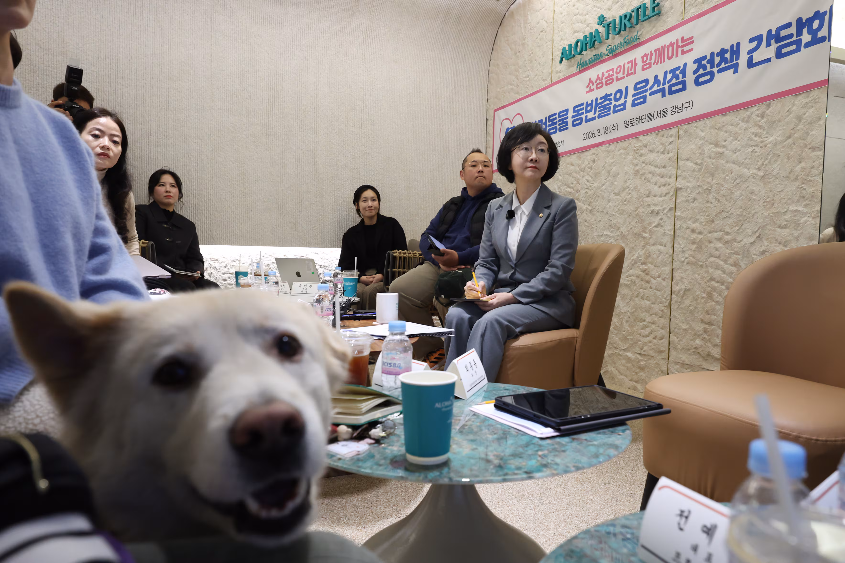 오유경 식품의약품안전처장 등이 지난 18일 서울 강남구의 한 카페에서 열린 반려동물 동반출입 음식점 정책 간담회에서 정책 브리핑을 듣고 있다. /연합뉴스