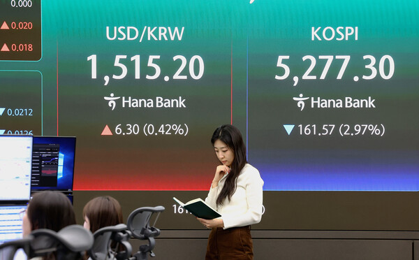 코스피가 중동 확전 우려에 하락 마감한 30일 오후 서울 중구 하나은행 딜링룸 현황판에 전 거래일 대비 161.57(2.97%) 하락한 5277.30을 나타내고 있다. 이날 코스닥은 전 거래일 대비 34.46(3.02%) 하락한 1107.05에 거래를 마쳤다. /뉴스1