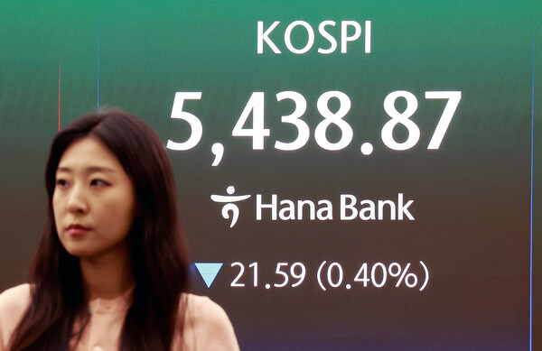 27일 서울 중구 하나은행 본점 딜링룸 전광판에 종가가 표시되고 있다. /뉴스1