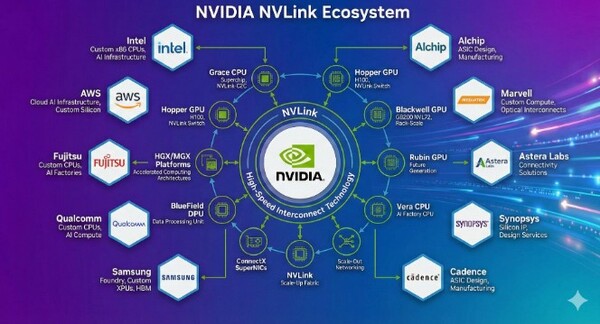 엔비디아의 NV링크 생태계: 독점기술인 NV링크를 통해 엔비디아 CPU와 GPU 외에도 인텔 등 여러 회사 제품을 연결하는 공고한 생태계를 구축했다.