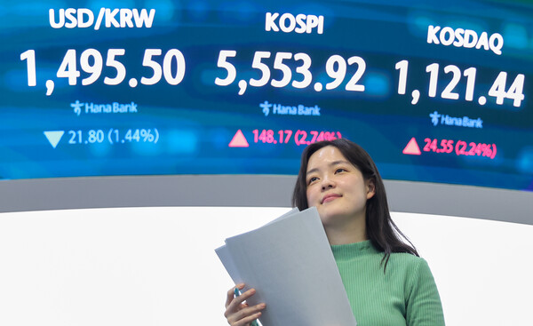 24일 오후 서울 중구 하나은행 본점 딜링룸 전광판에 종가가 나오고 있다. / 뉴스1