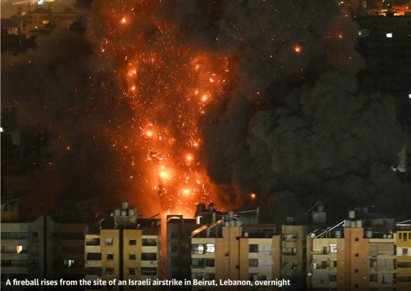 A massive ball of fire rises at the site of an Israeli airstrike overnight in Beirut, Lebanon. /via The Guardian