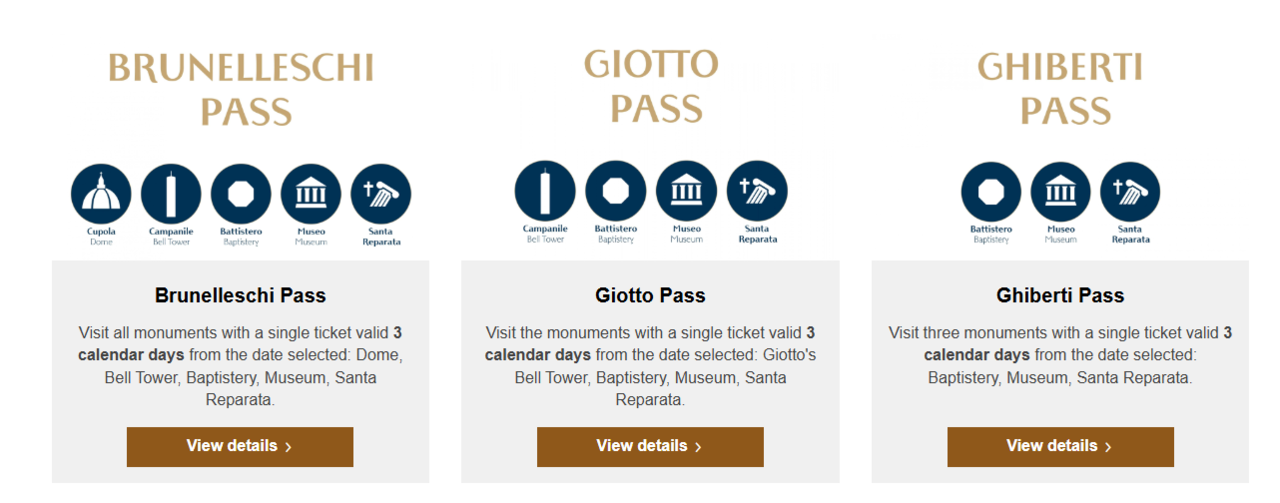 &nbsp;   Types of Florence Duomo passes / Official website screenshot