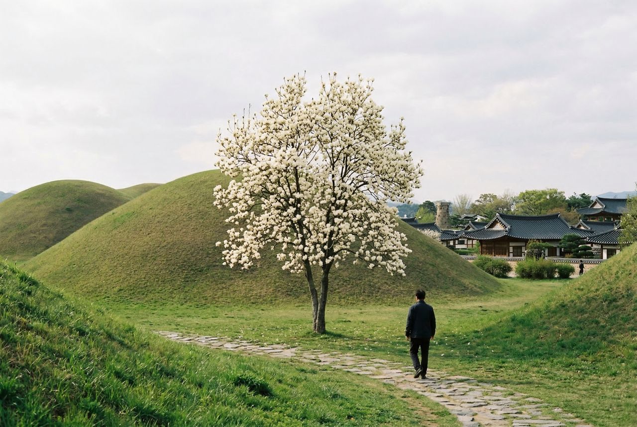 Cherry blossoms at Gyeongju Daereungwon / Designed by Freepik