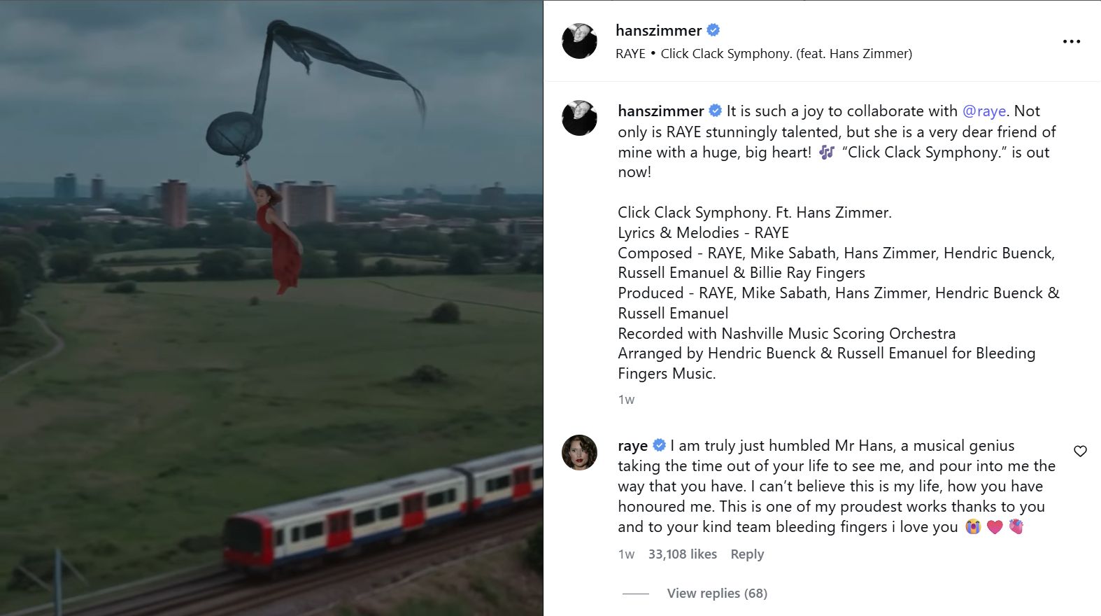 Hans Zimmer\'s post on the collaboration / Credit: Hans Zimmer\'s Official Instagram