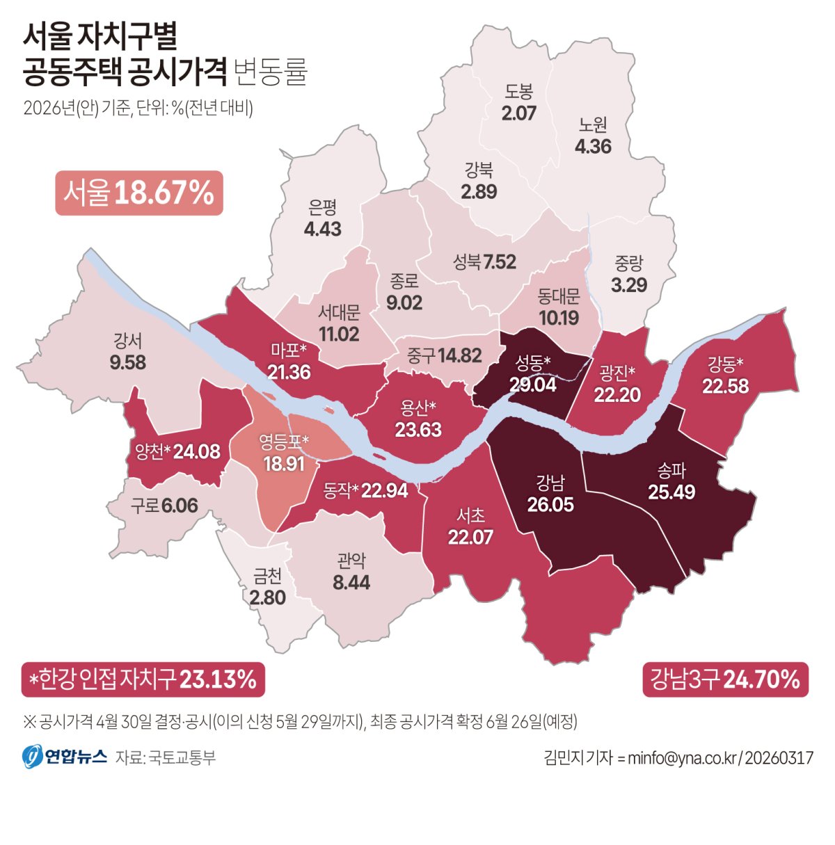그래픽] 서울 자치구별 공동주택 공시가격 변동률 | 연합뉴스