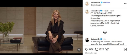 SNS 통해 공연 소식 알린 셀린 디옹[셀린 디옹 SNS 갈무리. 재판매 및 DB 금지]