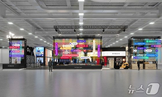 Bird\'s-eye view of the SKT exhibition hall at World IT Show 2026 / Provided by SK Telecom