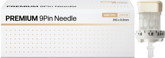 The package (left) and product (right) of Huons Meditech’s Premium 9-Pin Needle, a sterile syringe needle designed specifically for skin boosters / Provided by Huons Global