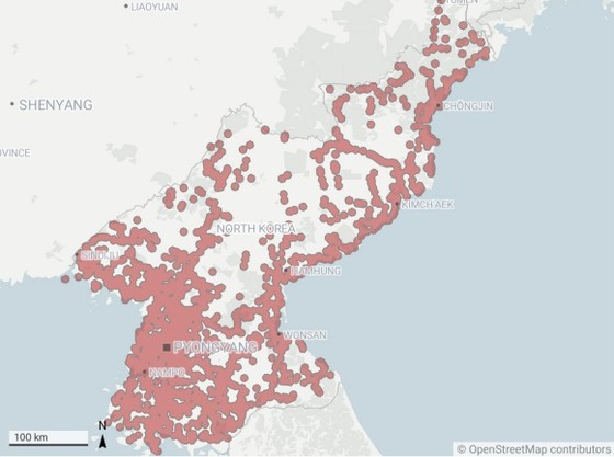 A map showing the widespread coverage of mobile networks, extending even to rural areas and small villages in North Korea. Data as of last January / Excerpt from the report Smartphones in North Korea 2026