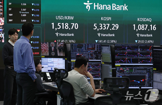 On Thursday morning, employees at the Hana Bank dealing room in Jung-gu, Seoul, watched a live news broadcast of U.S. President Donald Trump’s address to the nation regarding Iran. The KOSPI, which had opened higher that day, turned lower immediately after President Trump’s speech 2026.4.2 / News1