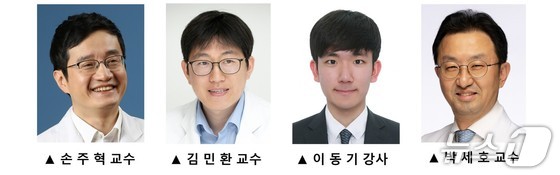 Professors Son Joo-hyuk and Kim Min-hwan, Lecturer Lee Dong-gi of the Department of Medical Oncology at Yonsei Cancer Hospital, and Professor Park Se-ho of the Department of Breast Surgery / Provided by Yonsei Cancer Hospital