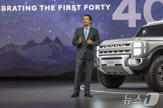Jose Munoz, President and CEO of Hyundai Motor Company, delivering a presentation at the Hyundai Motor Company press conference during the 2026 New York International Auto Show (Provided by Hyundai Motor and Kia) / News1