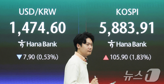 On Friday morning, the KOSPI index and the won-dollar exchange rate are displayed on the electronic board in the Hana Bank dealing room in Jung-gu, Seoul 2026.4.10 / News1